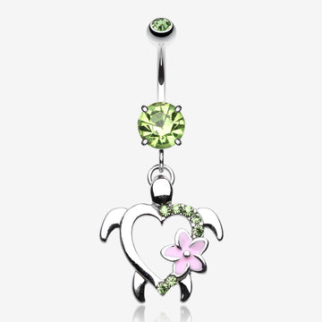Hawaiian Flower Turtle Sparkle Belly Button Ring-Light Green